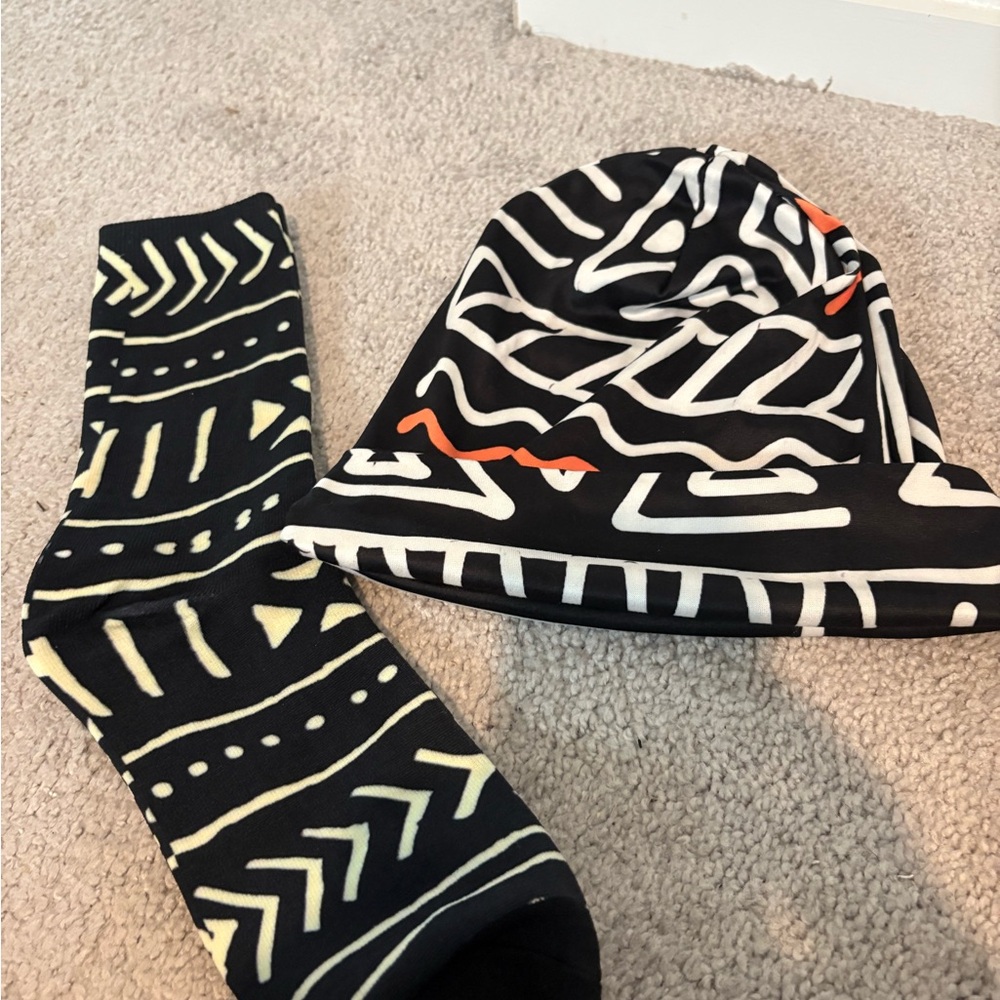 African Patterned Black and White Beanie and Sock Set